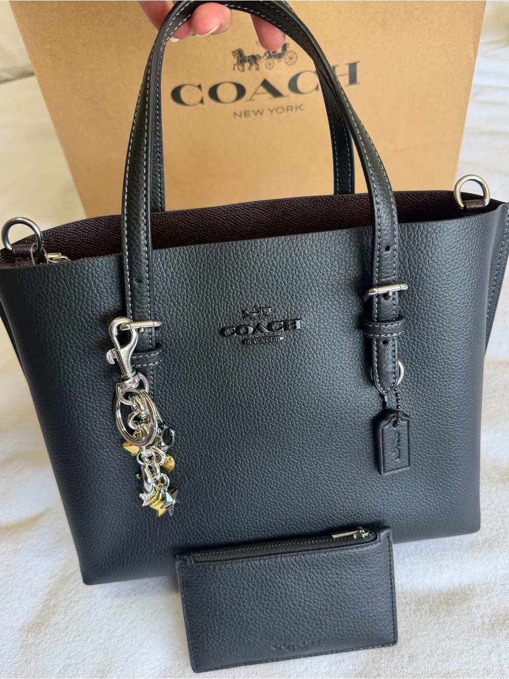 NWT Coach Mollie Tote 25 Black Metallic Logo Bundle w/ Strap and charm - Picture 1 of 14